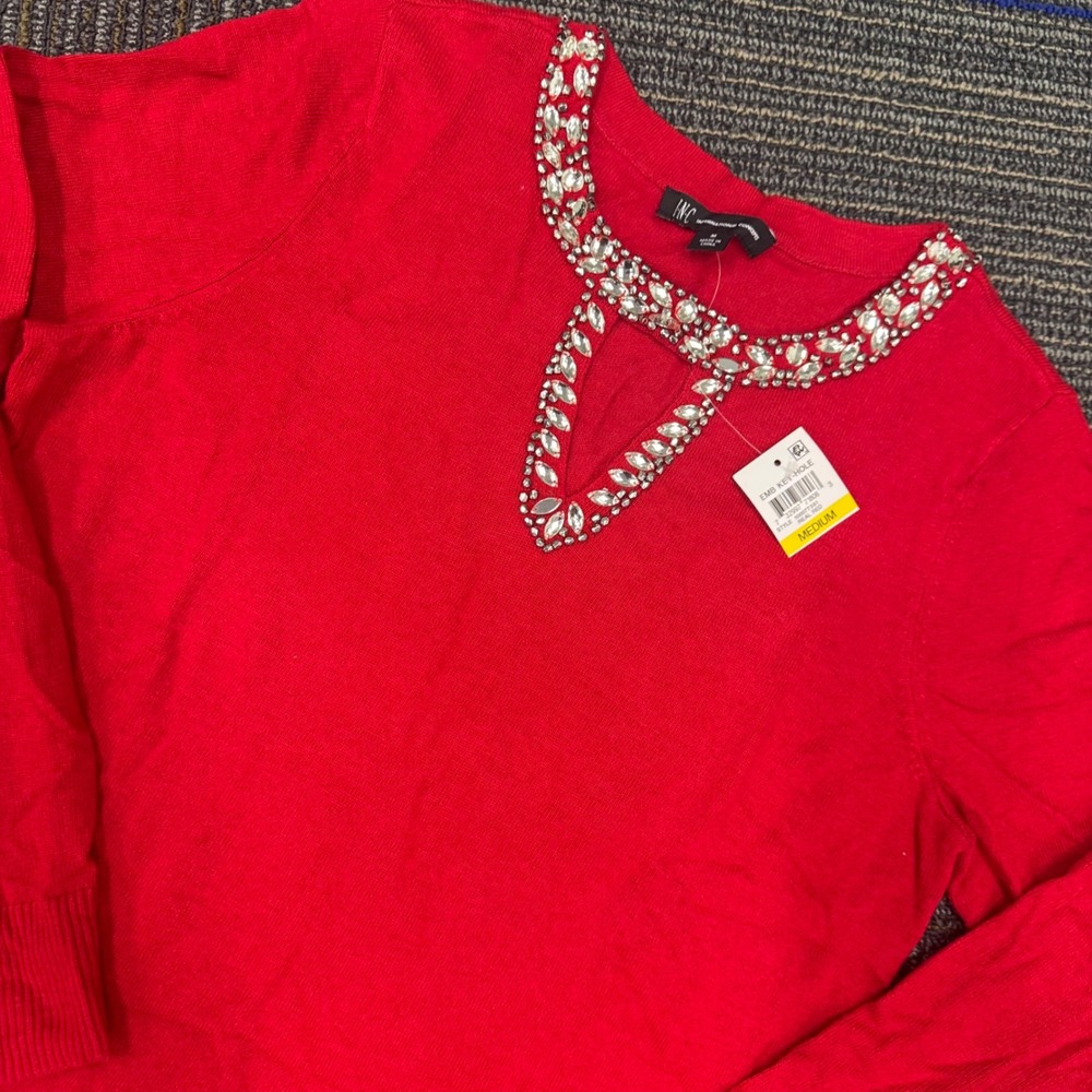 INC International Concepts Red Embellished Keyhole Sweater Medium